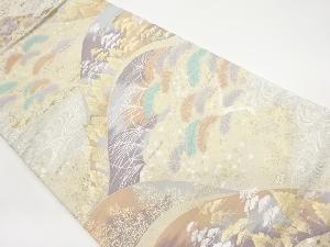 リサイクル　山並に木々・色紙散らし模様織出し袋帯